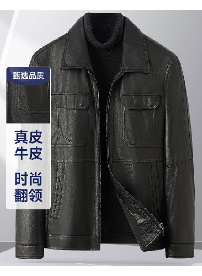 Fapai Spring/autumn Turn-down Collar Men's Leather Jacket Natural Leather Texture Windproof Jacket - Image 1