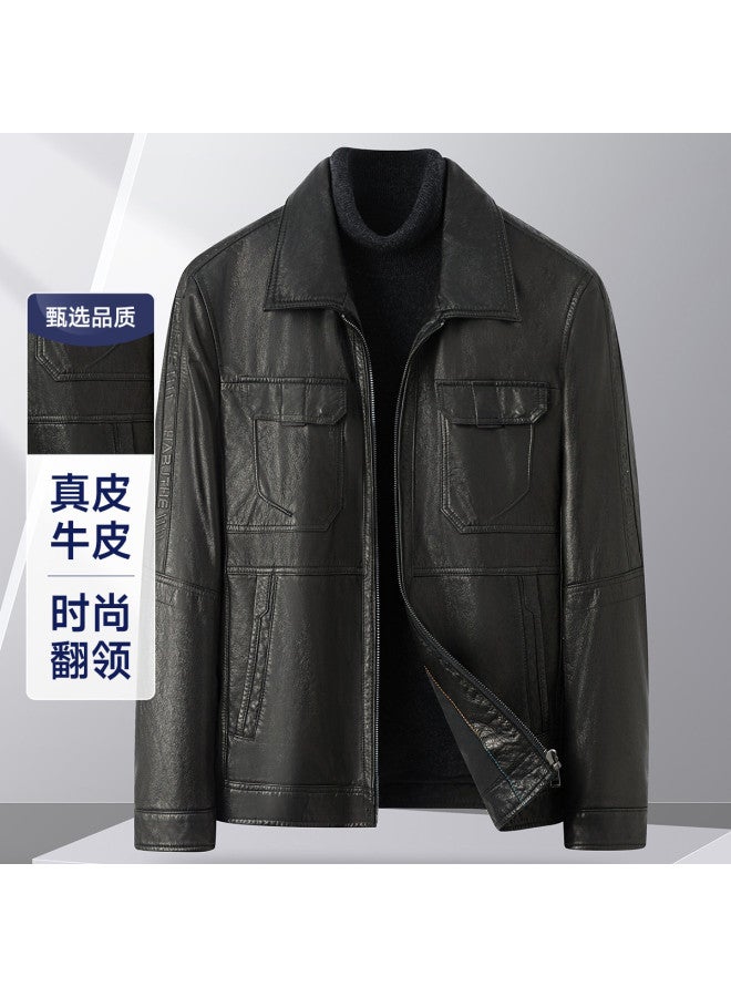 Fapai Spring/autumn Turn-down Collar Men's Leather Jacket Natural Leather Texture Windproof Jacket - Image 2