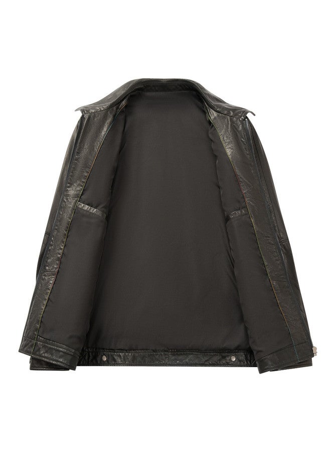 Fapai Spring/autumn Turn-down Collar Men's Leather Jacket Natural Leather Texture Windproof Jacket - Image 4