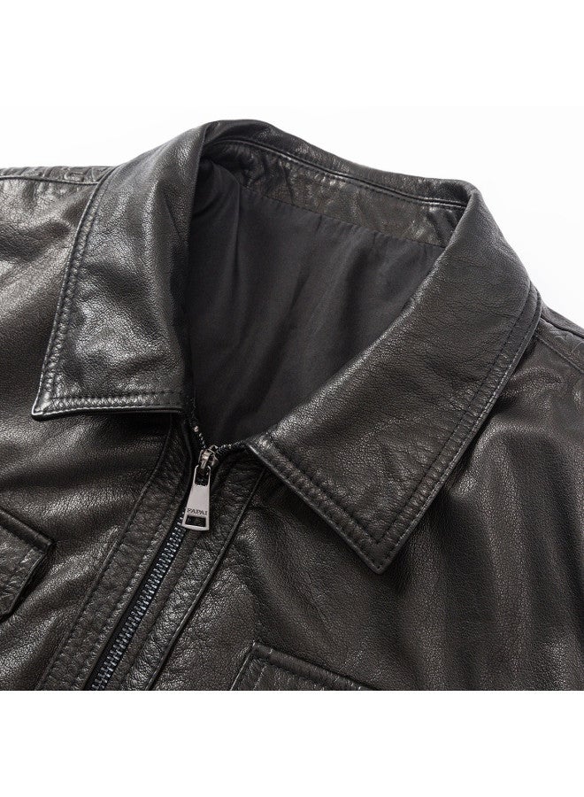 Fapai Spring/autumn Turn-down Collar Men's Leather Jacket Natural Leather Texture Windproof Jacket - Image 5