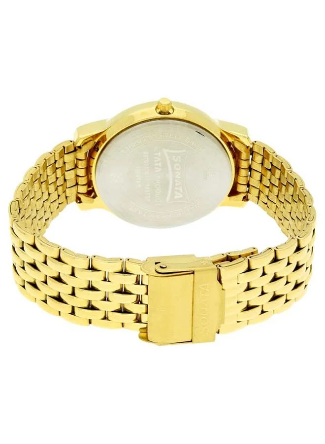 Sonata Round Shape Stainless Steel Analog Wrist Watch 7954YM01 - 37 mm - Yellow
