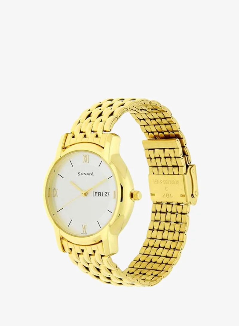 Sonata Round Shape Stainless Steel Analog Wrist Watch 7954YM01 - 37 mm - Yellow