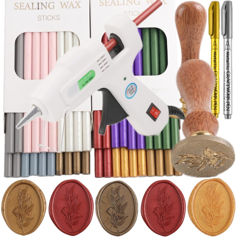 ONWINPOR Wax Seal Kit with Sealing Waxs Gun, 40 Pcs Waxseal Sticks, 10 Color Glue Gun Waxsealsticks, Eucalyptus Waxing Seal Stamp, 2 Color Marker Pens. Great for Wedding Invitations and Christmas Gifts (C02) - Image 1