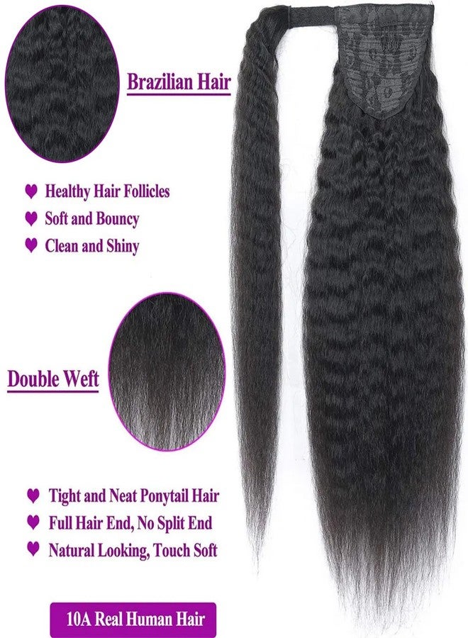 Feelgrace Kinkys Straight Hair Extensions Natural Black Clip with Magic Paste Ponytail Remy Human Hair Extensions 130G/Set Afro Kinky Straight Wrap Around Human Hair Ponytai Wrap Around Ponytail 18 Inch - Image 2