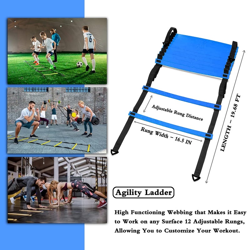 HLYWEI Speed Agility Training Set, Includes 1 Agility Ladder, 4 Steel Stakes, 1 Sports Headband,1 Jump Rope, 10 Disc Cones and Gym Carry Bag - Speed Training Equipment for Soccer Football Basketball (Blue) - Image 2