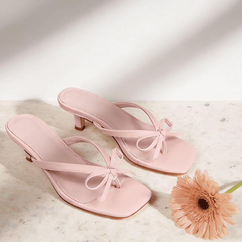 Mattiventon Pink Bow Heels Kitten Heels Thong Sandals For Women Slip On Flip Flops Square Toe Summer Cute Party Dress Shoes - Image 5