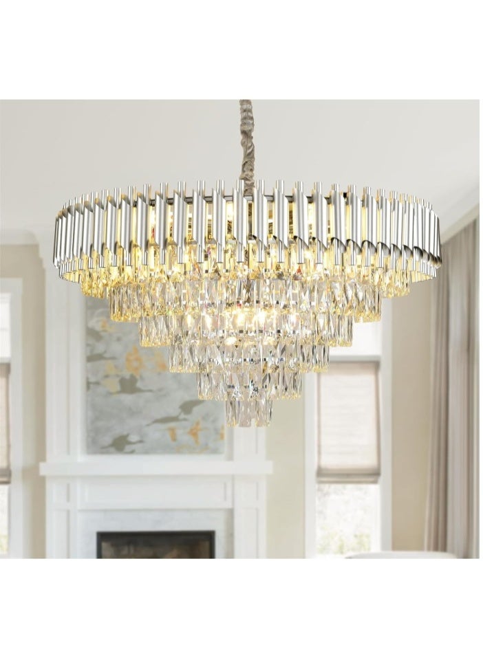 المفتاحة ثريا كريستال فضية عصرية - مصباح سقف معلق فاخر بثلاث طبقات لغرفة المعيشة وغرفة الطعام وغرفة النوم - تصميم أنيق من كريستال K9 مع لمسة نهائية من الكروم المصقول وسلسلة تعليق قابلة للتعديل - Image 1