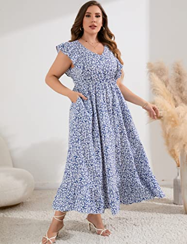KOJOOIN Women's Plus Size Summer Dress with Pocket Ruffle Cap Sleeveless V Neck Side Split Long Beach Maxi Dress Blue Flower 2XL - Image 4