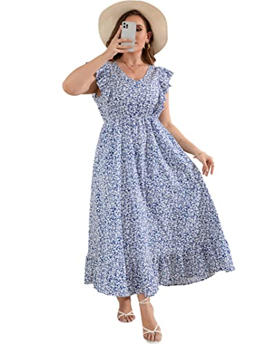 KOJOOIN Women's Plus Size Summer Dress with Pocket Ruffle Cap Sleeveless V Neck Side Split Long Beach Maxi Dress Blue Flower 2XL - Image 1