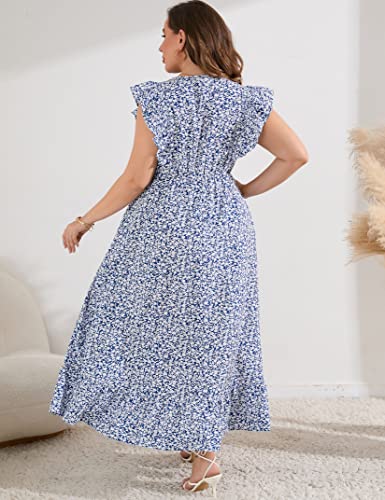 KOJOOIN Women's Plus Size Summer Dress with Pocket Ruffle Cap Sleeveless V Neck Side Split Long Beach Maxi Dress Blue Flower 2XL - Image 5