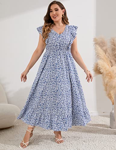 KOJOOIN Women's Plus Size Summer Dress with Pocket Ruffle Cap Sleeveless V Neck Side Split Long Beach Maxi Dress Blue Flower 2XL - Image 3