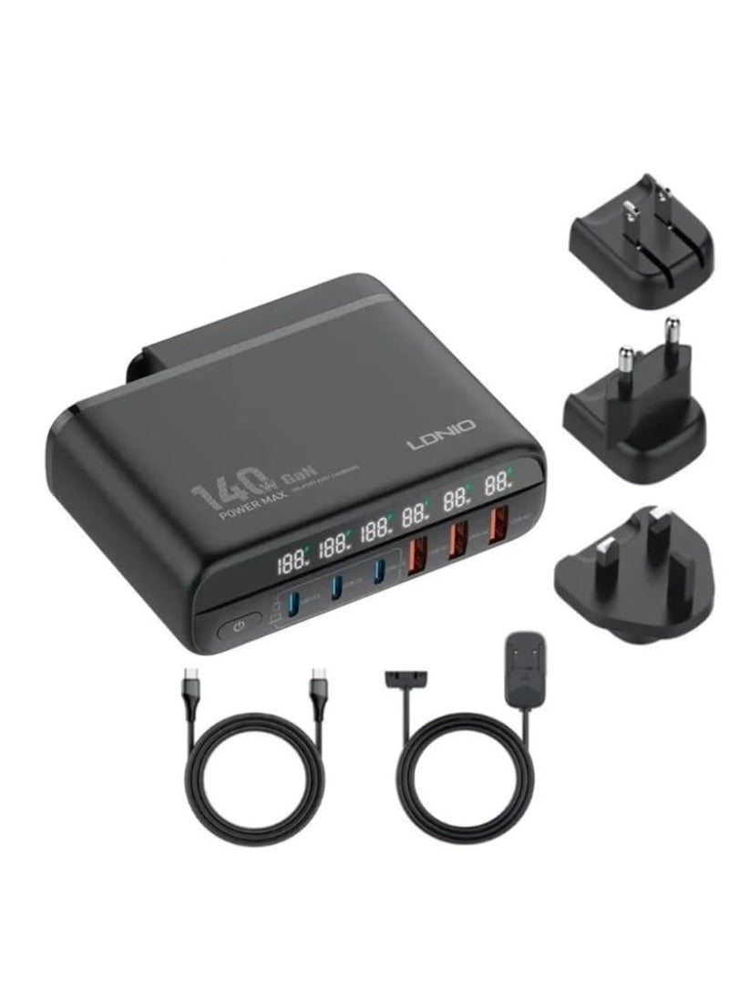 LDNIO A6140C 140W GaN Super Fast Desktop 6-Port Charger, EU Plug With Type-C To Type-C - Black - pzsku/ZD30C60792CE458EEC1F9Z/45/_/1732374058/ee0c861c-c1d9-4753-be17-af52651787b3