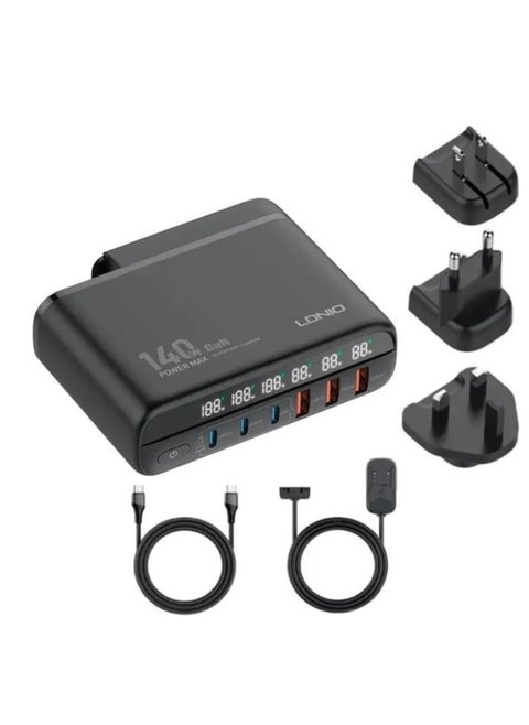 LDNIO A6140C 140W GaN Super Fast Desktop 6-Port Charger, EU Plug With Type-C To Type-C - Black