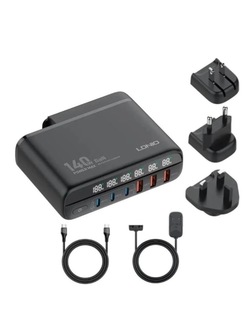 LDNIO - LDNIO A6140C 140W GaN Super Fast Desktop 6-Port Charger, EU Plug With Type-C To Type-C - Black - Image 1