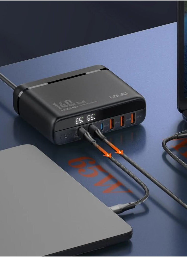 LDNIO - LDNIO A6140C 140W GaN Super Fast Desktop 6-Port Charger, EU Plug With Type-C To Type-C - Black - Image 1