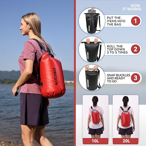MARCHWAY Floating Waterproof Dry Bag Backpack 5L/10L/20L/30L/40L, Roll Top Sack Keeps Gear Dry for Kayaking, Rafting, Boating, Swimming, Camping, Hiking, Beach, Fishing (Red, 20L) - Image 4