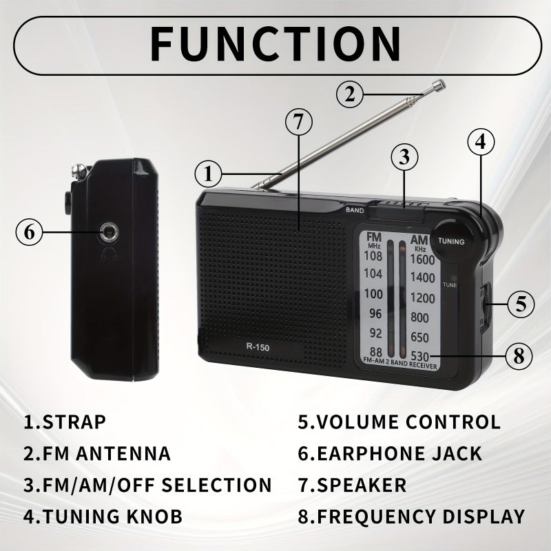 Slivery R-150 Portable AM FM Radio Speaker Headphone Jack 2 AA Battery Indoor Outdoor Emergency Use - Image 3