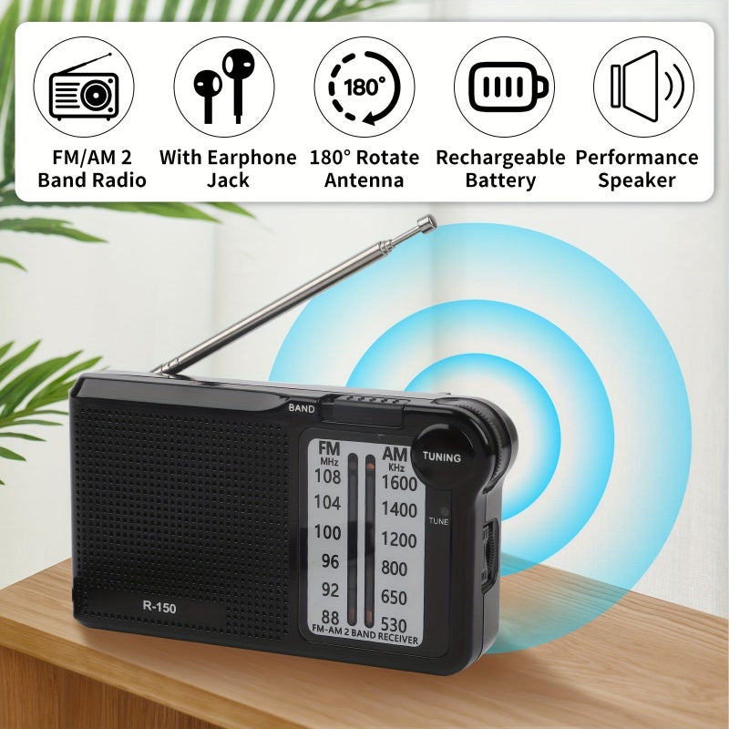 Slivery R-150 Portable AM FM Radio Speaker Headphone Jack 2 AA Battery Indoor Outdoor Emergency Use - Image 4