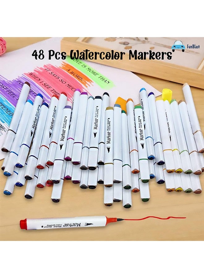 فنبلاست أقلام تلوين مائية من فن بلاست للفنانين - مجموعة تلوين، أقلام تلوين رفيعة، قلم تحديد مائي للخط والرسم ودفتر تلوين ومجلة فنية (48 قطعة)، متعدد الألوان - Image 3