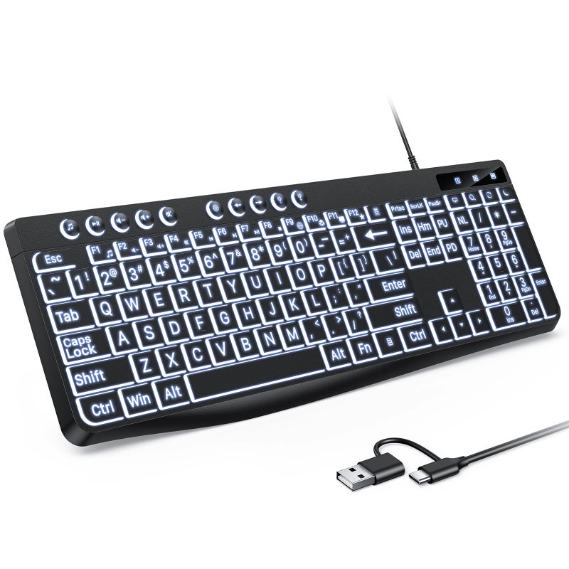OMOTON Large Print Backlit Keyboard with TypeC and USB A Dual Interface Wired Computer Keyboard Oversize Font Key with White Backlight Easier to See and Type Full Size for Windows PC Laptop - Image 2