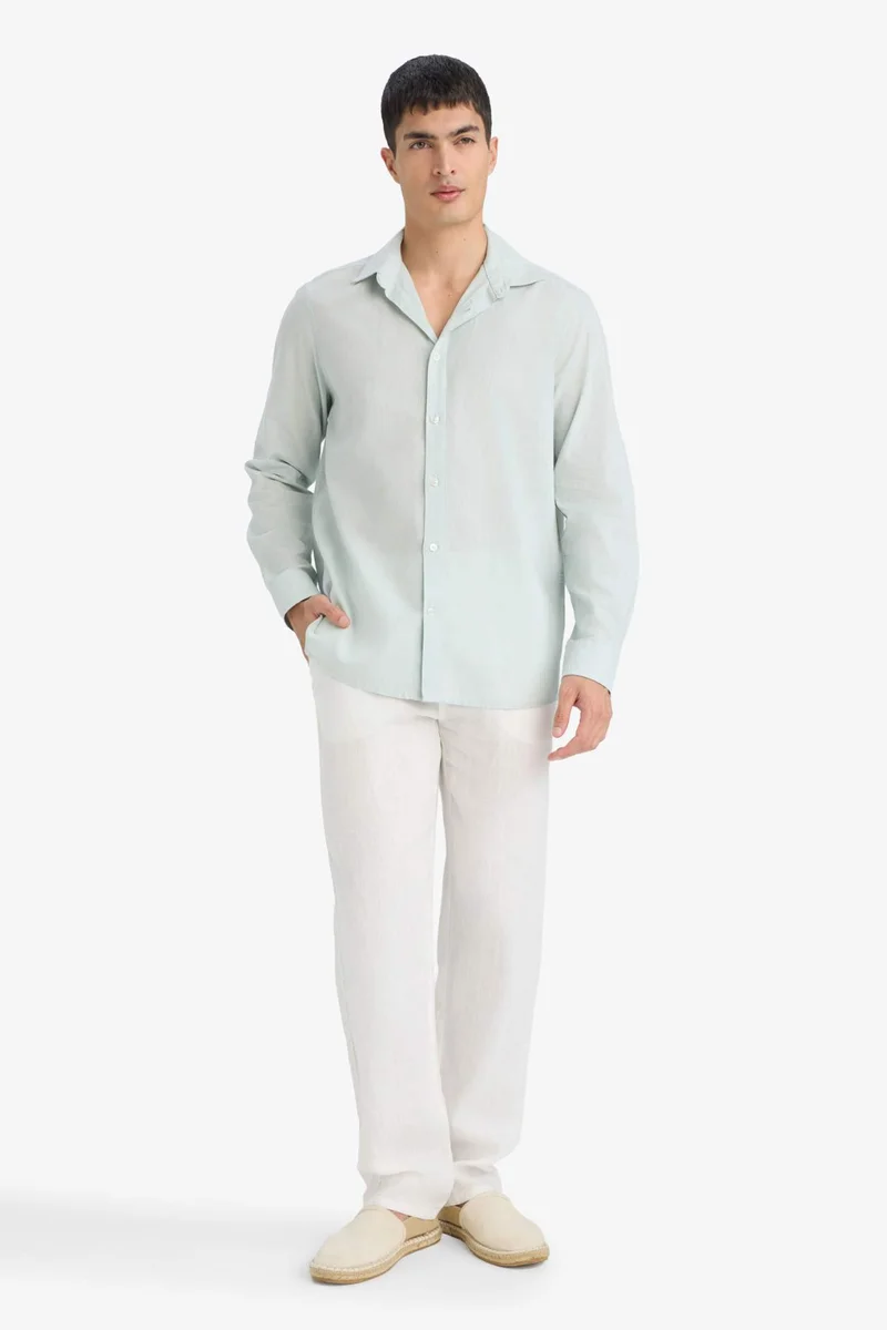 ديفاكتو Regular Fit Polo Collar Linen Blended Long Sleeve Shirt