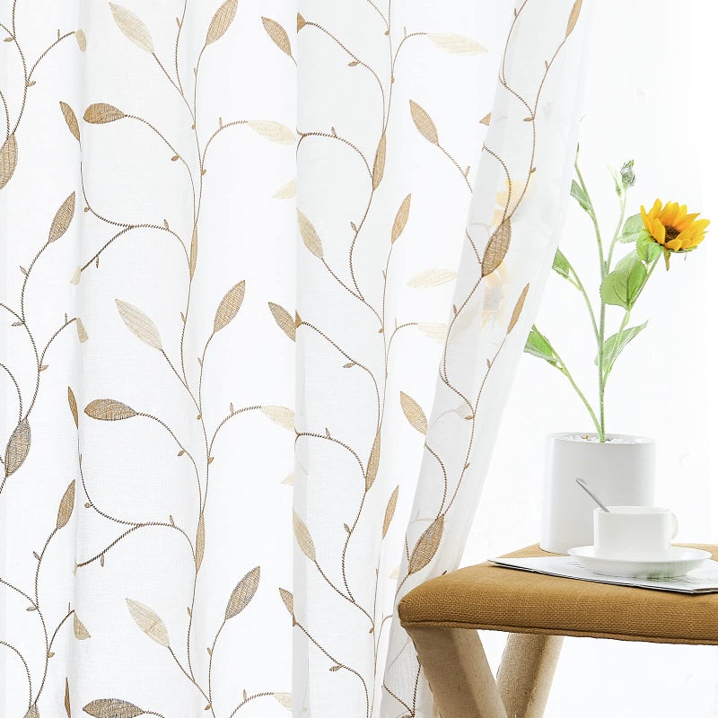 Lazzzy Embroidered Sheer Curtains Floral Leaves Decor Voile Curtain for Living Room Bedroom Farmhouse White Sheer Drapes 84 Inches Light Diffusing Window Treatment Panels Gold on White - Image 5