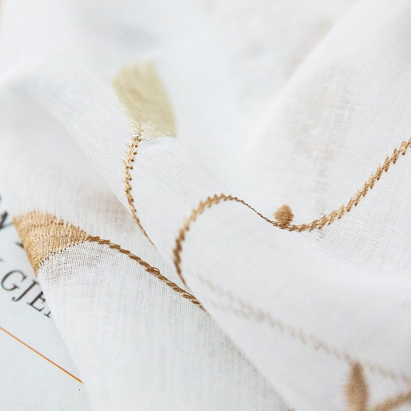Lazzzy Embroidered Sheer Curtains Floral Leaves Decor Voile Curtain for Living Room Bedroom Farmhouse White Sheer Drapes 84 Inches Light Diffusing Window Treatment Panels Gold on White - Image 3