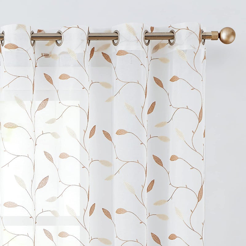 Lazzzy Embroidered Sheer Curtains Floral Leaves Decor Voile Curtain for Living Room Bedroom Farmhouse White Sheer Drapes 84 Inches Light Diffusing Window Treatment Panels Gold on White - Image 1