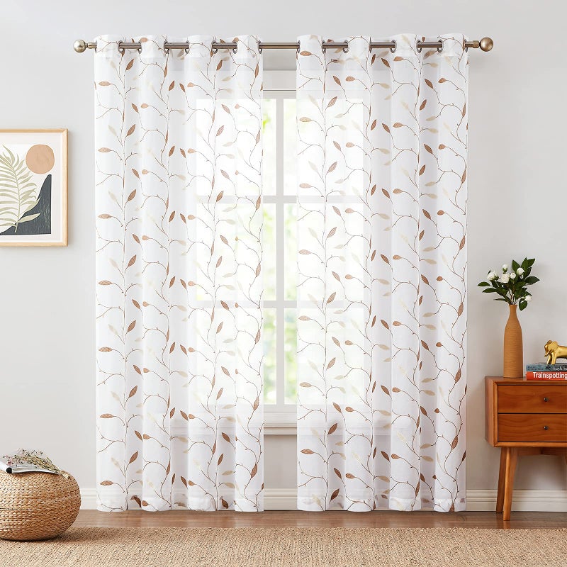Lazzzy Embroidered Sheer Curtains Floral Leaves Decor Voile Curtain for Living Room Bedroom Farmhouse White Sheer Drapes 84 Inches Light Diffusing Window Treatment Panels Gold on White - Image 2
