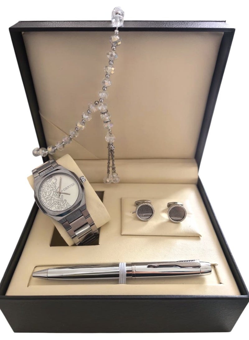 كريتر  طقم رجالي فاخر يتكون من ساعة تصميم ملكي من الستانلس ستيل، مينا كلاسيكي مقاومة للماء وسبحة وقلم وازرار اكمام - Image 1