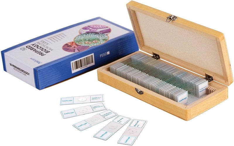 AmScope AmScope PS50 Prepared Microscope Slide Set for Basic Biological Science Education 50 Slides Includes Fitted Wooden Case  - Image 1