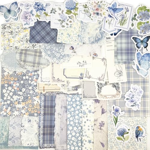 Koolemon 100PCS Vintage Floral Scrapbook Paper,Textured Paper Assorted Set, Special Papers Label for Junk Journal Diary Journal Embellishment Supplies DIY Craft Blue - Image 1