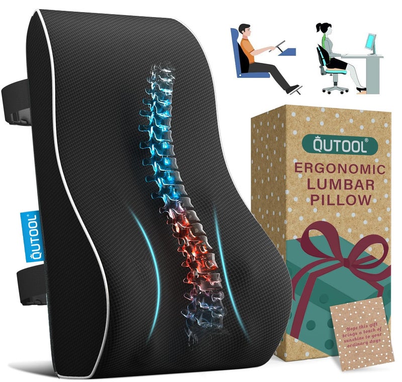 QUTOOL Lumbar Support Pillow with DIY Gift Box - Birthdays Gifts for Women Men, Ergonomic Back Support with Breathable 3D Mesh Cover, Suited for Office Chairs, Gaming Chairs, Car, Home Use (Black) - Image 1
