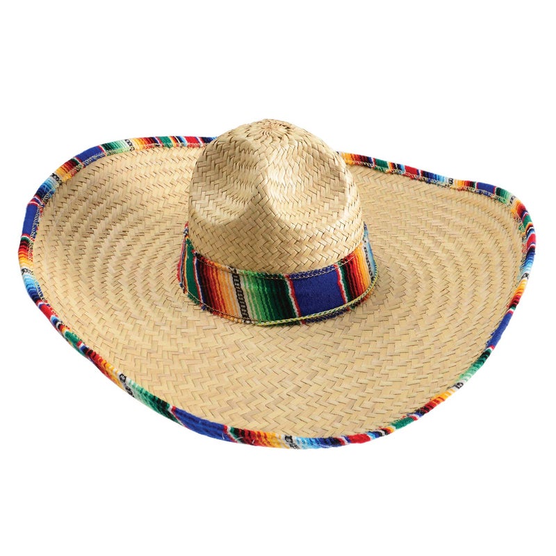 GiftExpress Mexican Sombrero Hat with Serape Trim, Adult Size, 21" Wide, Straw Hat for Cinco de Mayo, Serape Band, Costume Headwear - Image 1