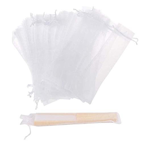 Bezall 50Pcs Organza Hand Fan Bags, 2x10 Inches White Folding Fan Drawstring Bag Hand Fan Decorative Pouch Party Wedding Favor Gift Bags - Image 1