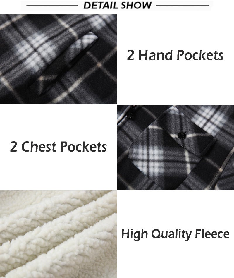 SCODI Men's Flannel Shirt Jacket Fleece Sherpa Lined Plaid Jackets Coat Full Zip Up Hoodie Winter Outwear Black White Medium - Image 4
