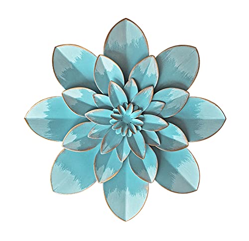 Picfarce Light Sky Blue Metal Flower Wall Art Decor, 9.5“ Rustic Modern Floral Sculpture, Distressed Hanging Home Decoration Accent Artworks for Indoor Bedroom Living Room Office Outdoor Garden Patio - Image 1