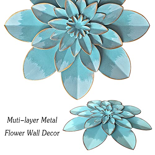 Picfarce Light Sky Blue Metal Flower Wall Art Decor, 9.5“ Rustic Modern Floral Sculpture, Distressed Hanging Home Decoration Accent Artworks for Indoor Bedroom Living Room Office Outdoor Garden Patio - Image 2
