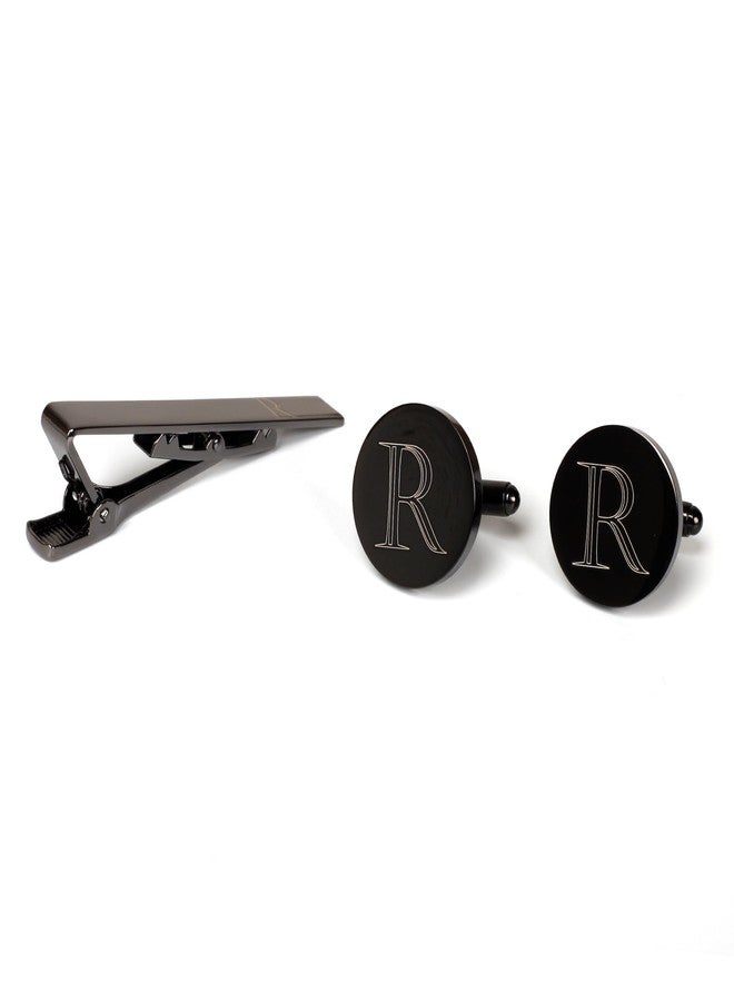 Prophet Clue PC Mens Initial Cufflinks and Tie Clip A-Z Alphabet Letter Black Stainless Cuff Links Tie Bar with Engraved Walnut Wood Box Groom Groomsman Wedding Set (R) - Image 2