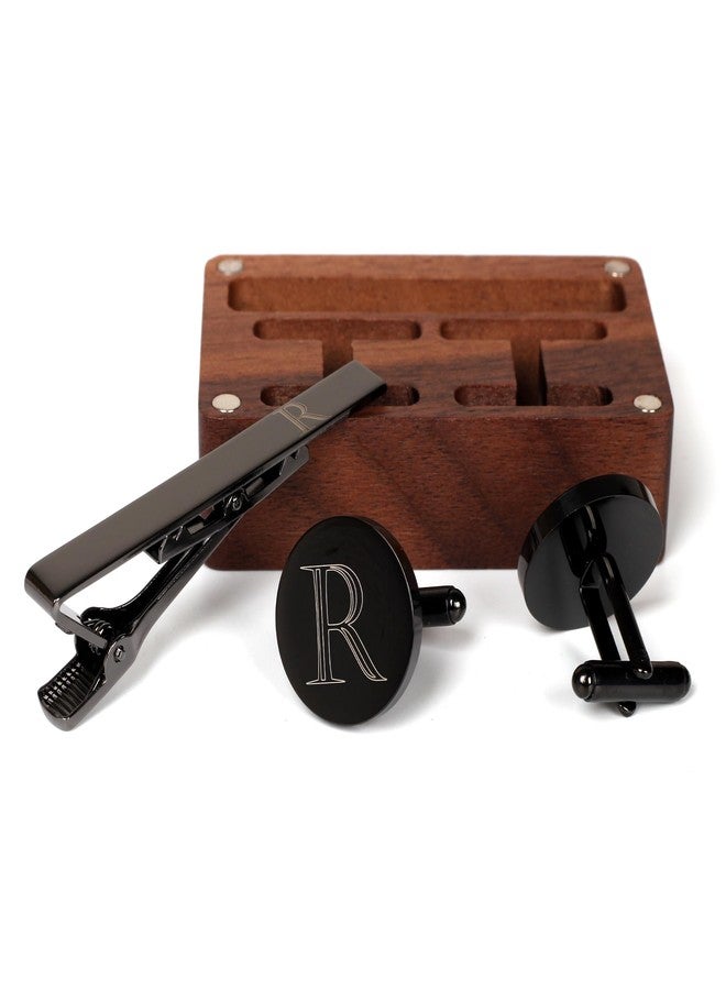Prophet Clue PC Mens Initial Cufflinks and Tie Clip A-Z Alphabet Letter Black Stainless Cuff Links Tie Bar with Engraved Walnut Wood Box Groom Groomsman Wedding Set (R) - Image 4