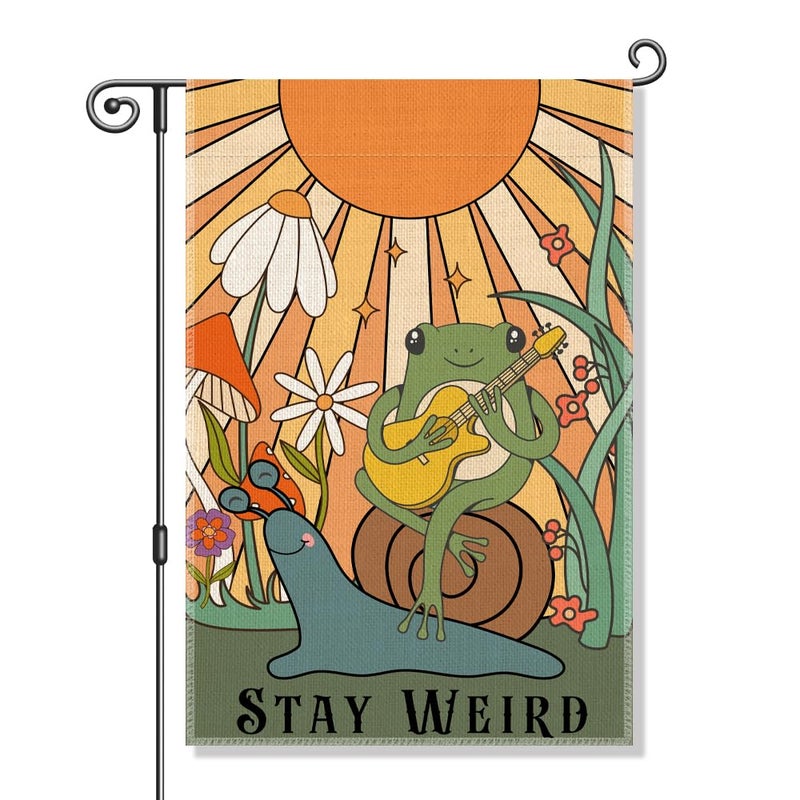 Perfectinsoy Stay Weird Retro Garden Flag, Snail and Frog Outdoor Banner, Funny Welcome Yard Holiday Farmhouse Patio Porch Lawn Outdoor Decor, Cute Frog Playing Guitar Flags, Housewarming Flag Gifts - Image 1