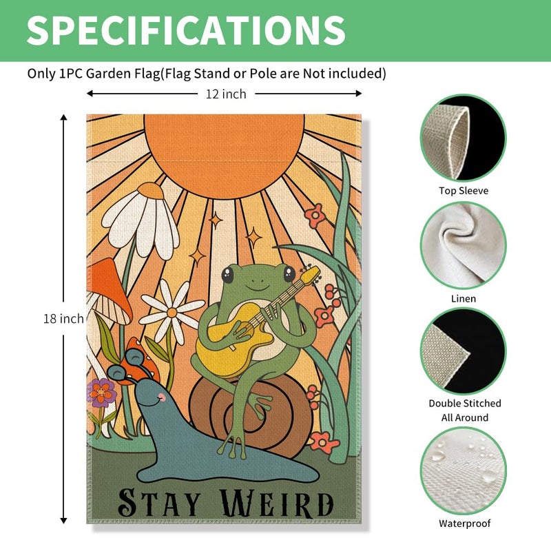 Perfectinsoy Stay Weird Retro Garden Flag, Snail and Frog Outdoor Banner, Funny Welcome Yard Holiday Farmhouse Patio Porch Lawn Outdoor Decor, Cute Frog Playing Guitar Flags, Housewarming Flag Gifts - Image 2