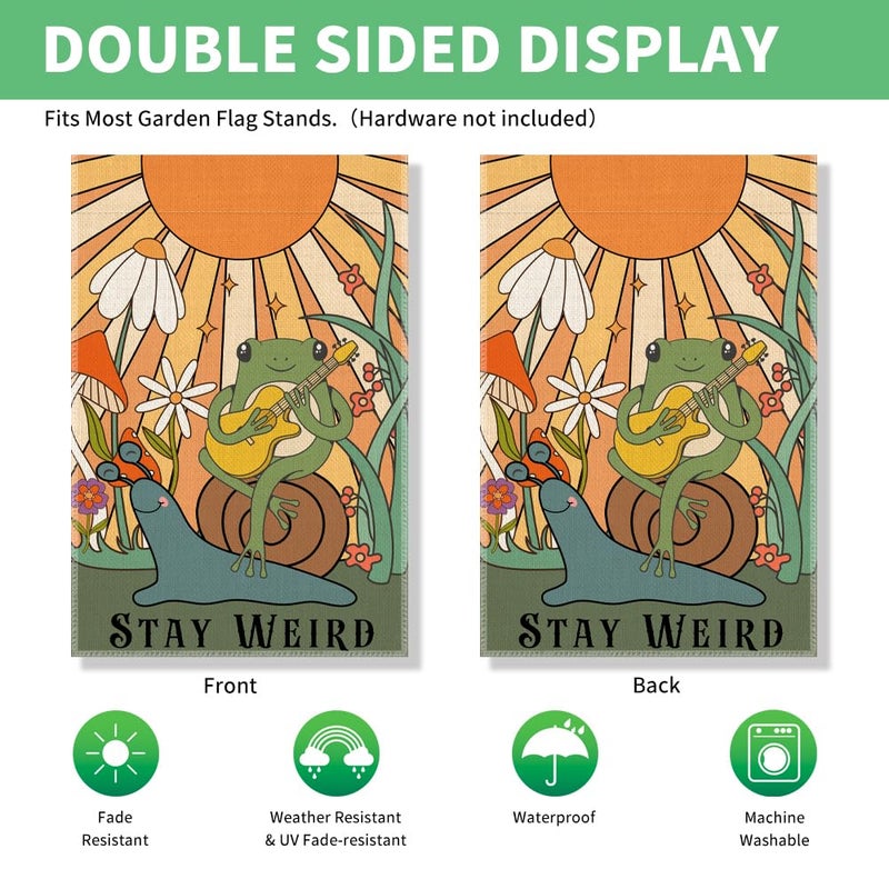 Perfectinsoy Stay Weird Retro Garden Flag, Snail and Frog Outdoor Banner, Funny Welcome Yard Holiday Farmhouse Patio Porch Lawn Outdoor Decor, Cute Frog Playing Guitar Flags, Housewarming Flag Gifts - Image 3