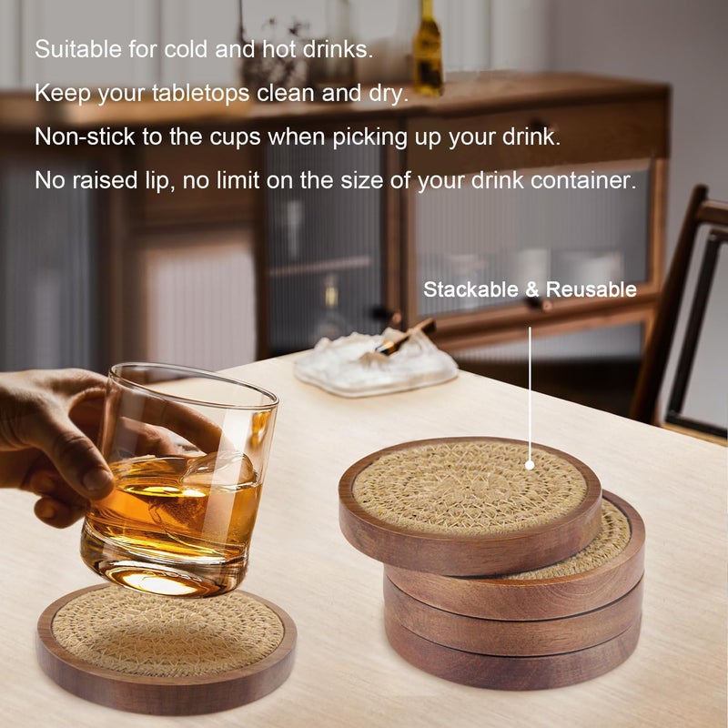 Eykao Wood Coasters for Drinks, Eykao Absorbent Coaster Sets of 5, Woven Drink Coasters for Coffee Table, Housewarming Gift for Farmhouse Home Decor,4 inches - Image 4