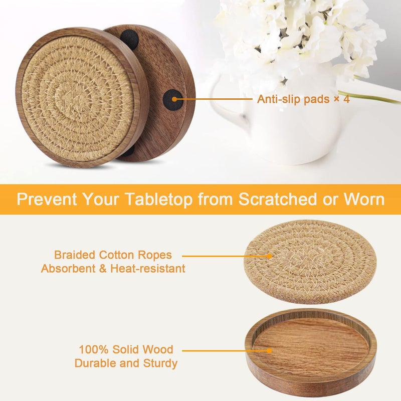 Eykao Wood Coasters for Drinks, Eykao Absorbent Coaster Sets of 5, Woven Drink Coasters for Coffee Table, Housewarming Gift for Farmhouse Home Decor,4 inches - Image 5