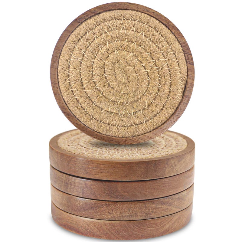 Eykao Wood Coasters for Drinks, Eykao Absorbent Coaster Sets of 5, Woven Drink Coasters for Coffee Table, Housewarming Gift for Farmhouse Home Decor,4 inches - Image 1
