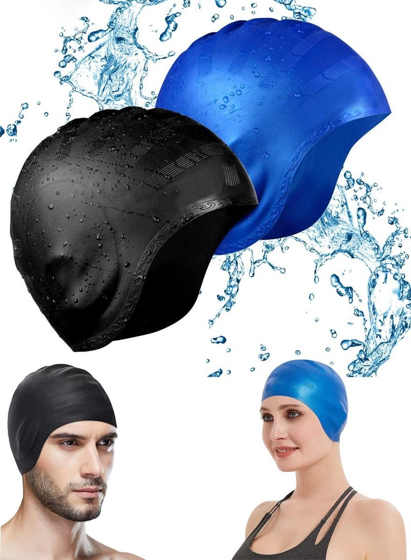 عشواز مجموعة من 2 سيليكون قبعات السباحة ، مع وظيفة الأذن 3D تصميم مريح ، راحة الكبار من الذكور والإناث الشعر الطويل لحماية الأذن والشعر من الكلور والبكتيريا والرمل في الماء ، لا رائحة دائمة - Image 1
