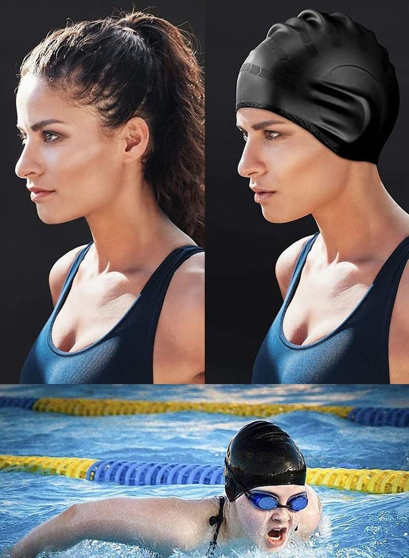 عشواز مجموعة من 2 سيليكون قبعات السباحة ، مع وظيفة الأذن 3D تصميم مريح ، راحة الكبار من الذكور والإناث الشعر الطويل لحماية الأذن والشعر من الكلور والبكتيريا والرمل في الماء ، لا رائحة دائمة - Image 3