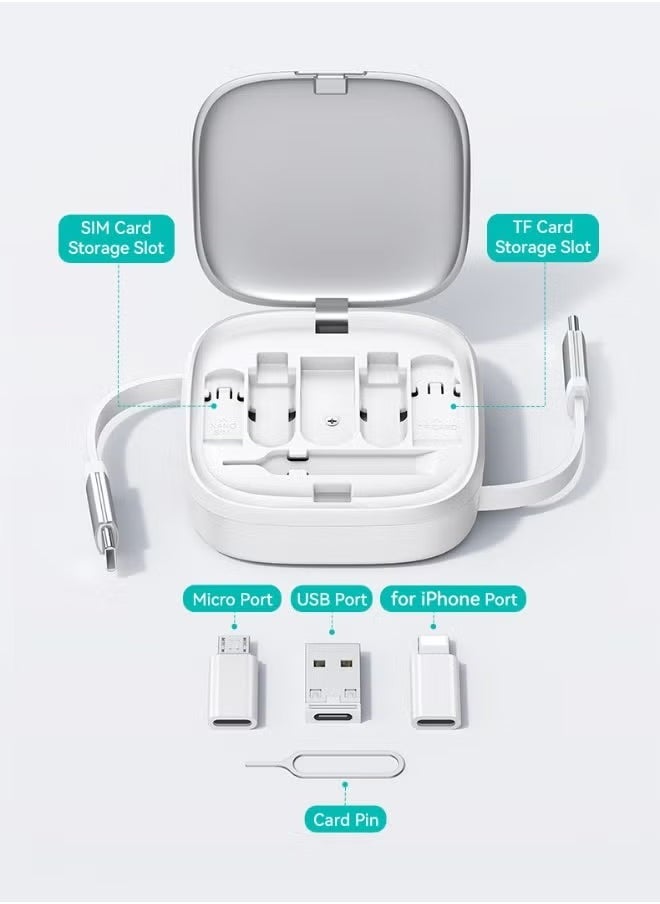 ELTRAZONE 60W USB Travel Charging Cable Organizer Box with Fast Charging Support | 6-in-1 Multi-Port Adapter Kit with Lightning, Type-C, Micro USB Converters | SIM Card Ejector Pin, Cable Storage & Built-in Phone Stand | Portable Travel Accessory - Image 1