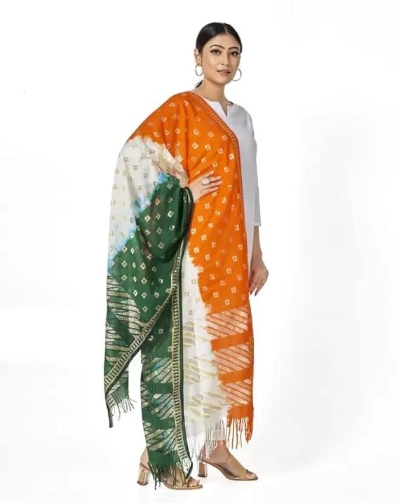 Vlazom Women’s & Girls’ Tricolor Tiranga Dupatta – Art Silk Cotton, 2.25m | Saffron-White-Green Chunni for Republic Day, Independence Day, Festivals & Cultural Events (1, Multi, Free Size) - Image 4